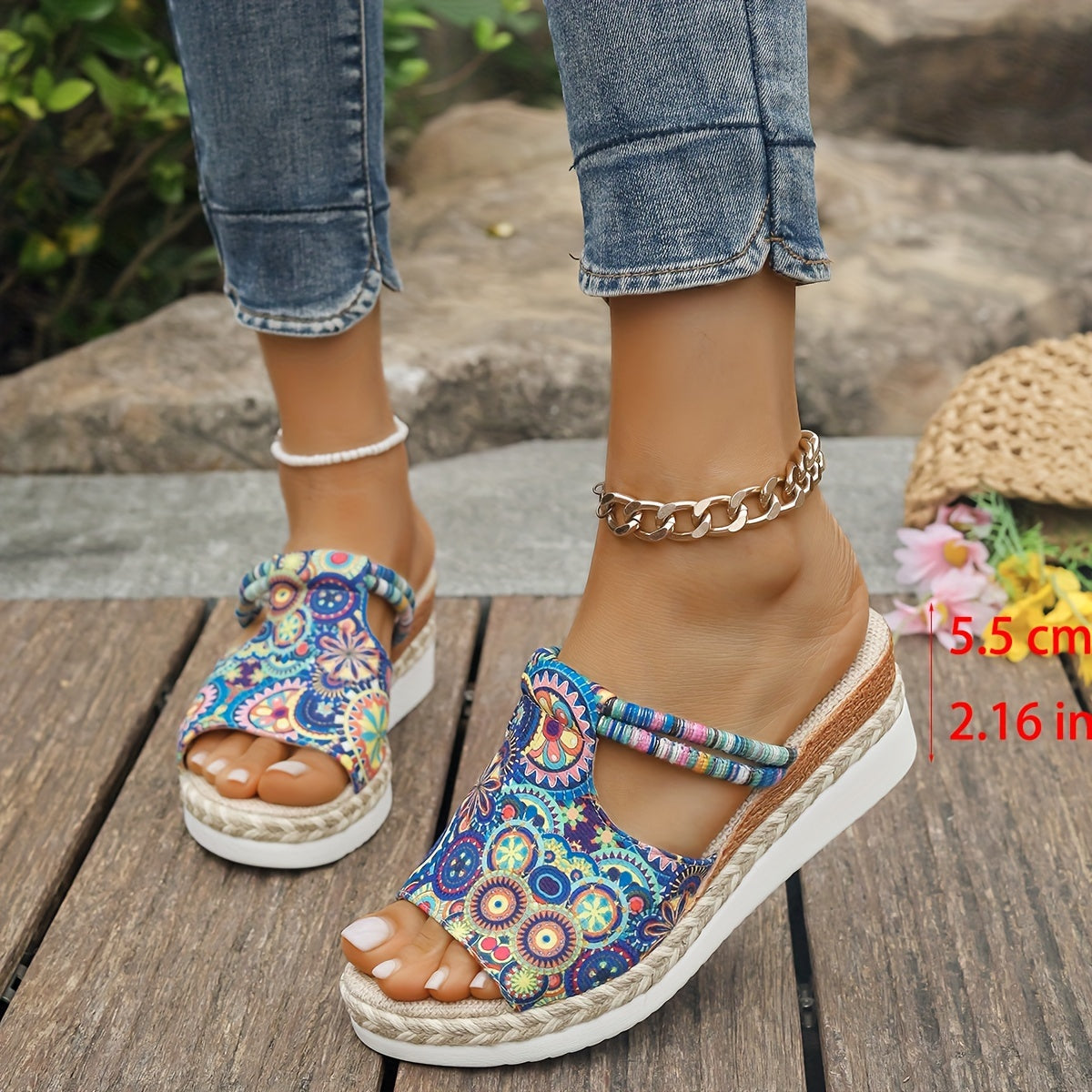 Women's Mandala Print Platform Sandals with Comfort Wedge Beach Slides.