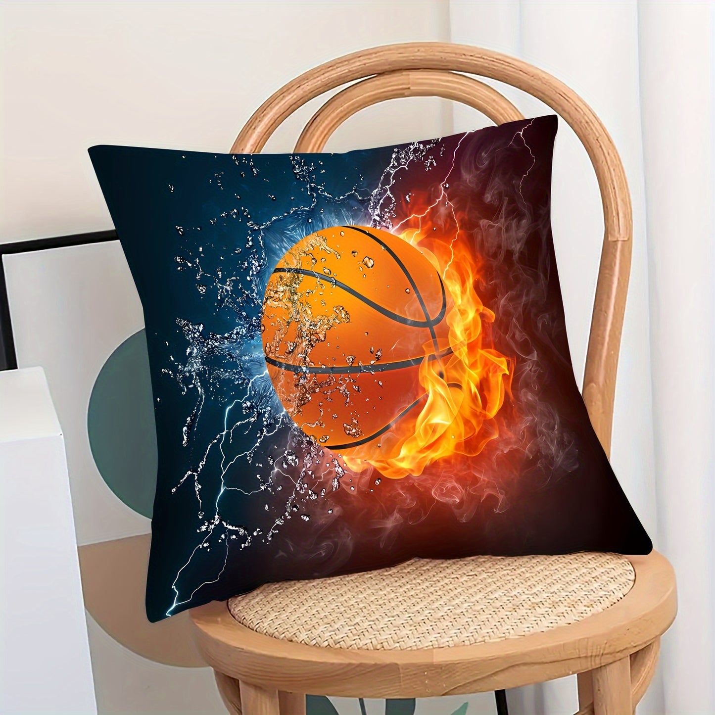 1pc plush pillow cover for basketball, football, and rugby with zipper, single-sided printing. Suitable for sofa and bedroom decoration. Pillow core not included. Size: 45.72x45.72 cm.