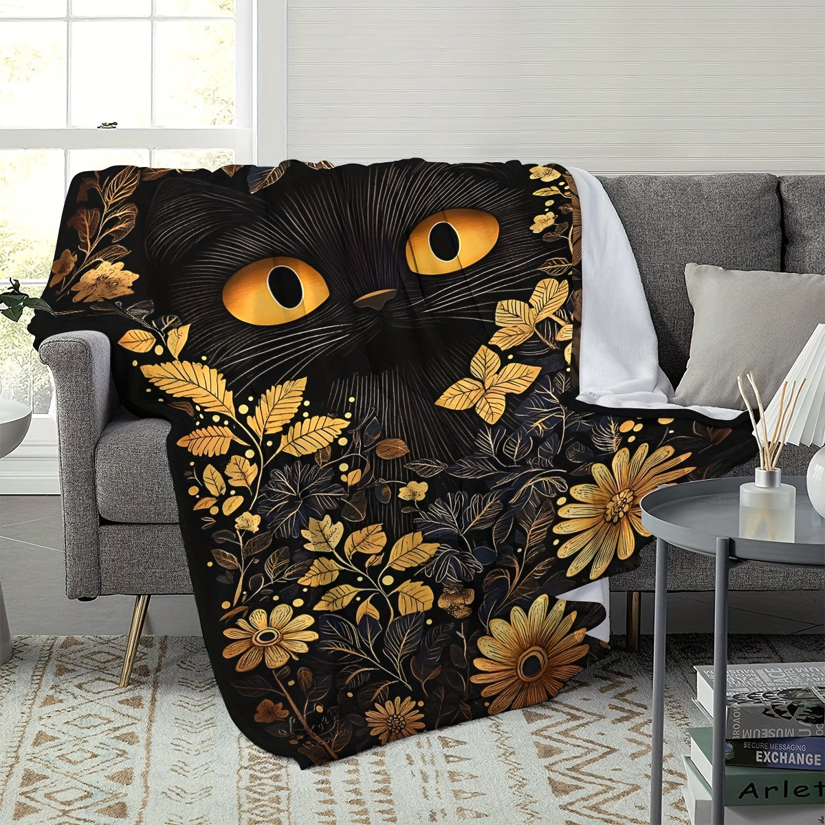 One-piece Halloween Black Cat Soft Plush Throw Blanket featuring a modern style that is suitable for both men and women. This all-season blanket is multifunctional and made from cozy flannel fabric weighing 200-250g. It has a polyester cover with a