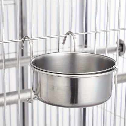 Stainless steel hanging dog bowl with clamp holder to prevent spills and protect neck.