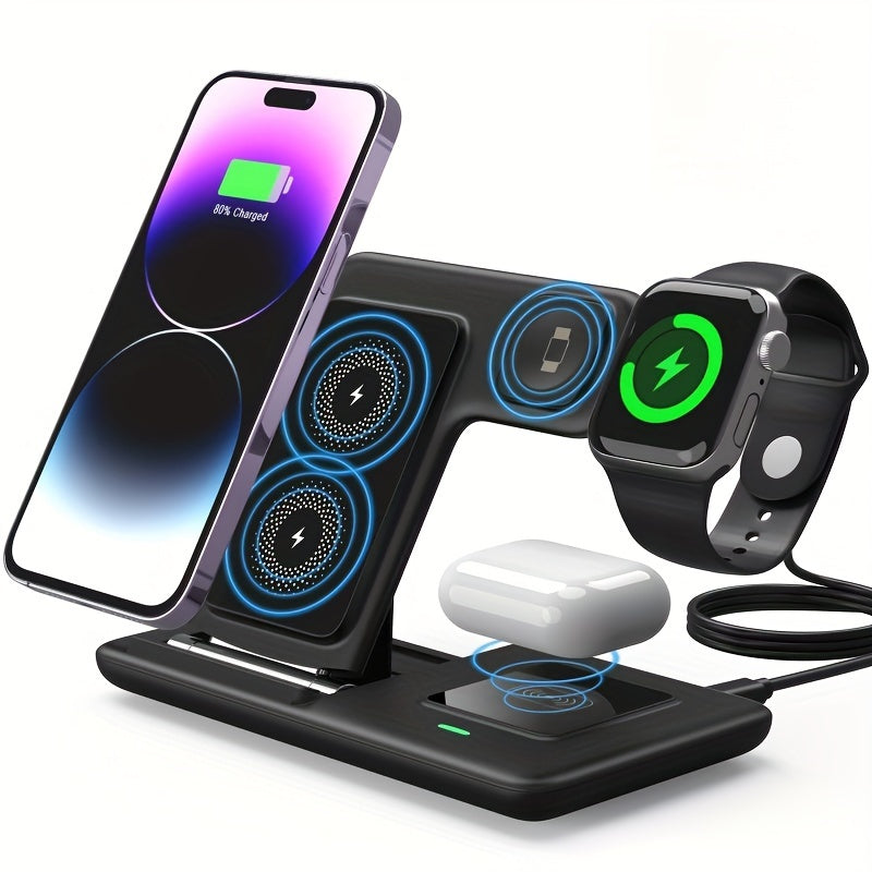 Folding 3-in-1 Wireless Charging Station for iPhone and Apple Watch, compatible with Airpods.