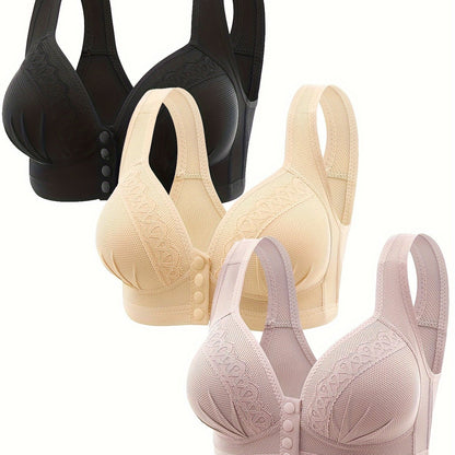 Three contrast lace wireless bras, front buckle push up style, comfortable and breathable, perfect for women's lingerie and underwear.