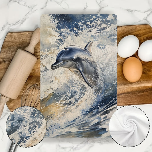 Set of 2 Ultra Soft Kitchen Towels featuring a Playful Dolphin Splash Design, Excellent Absorbency & Perfect for Machine Wash, Coastal Inspired Decor, Size: 40.64x60.96 cm, Dish Hand Towels