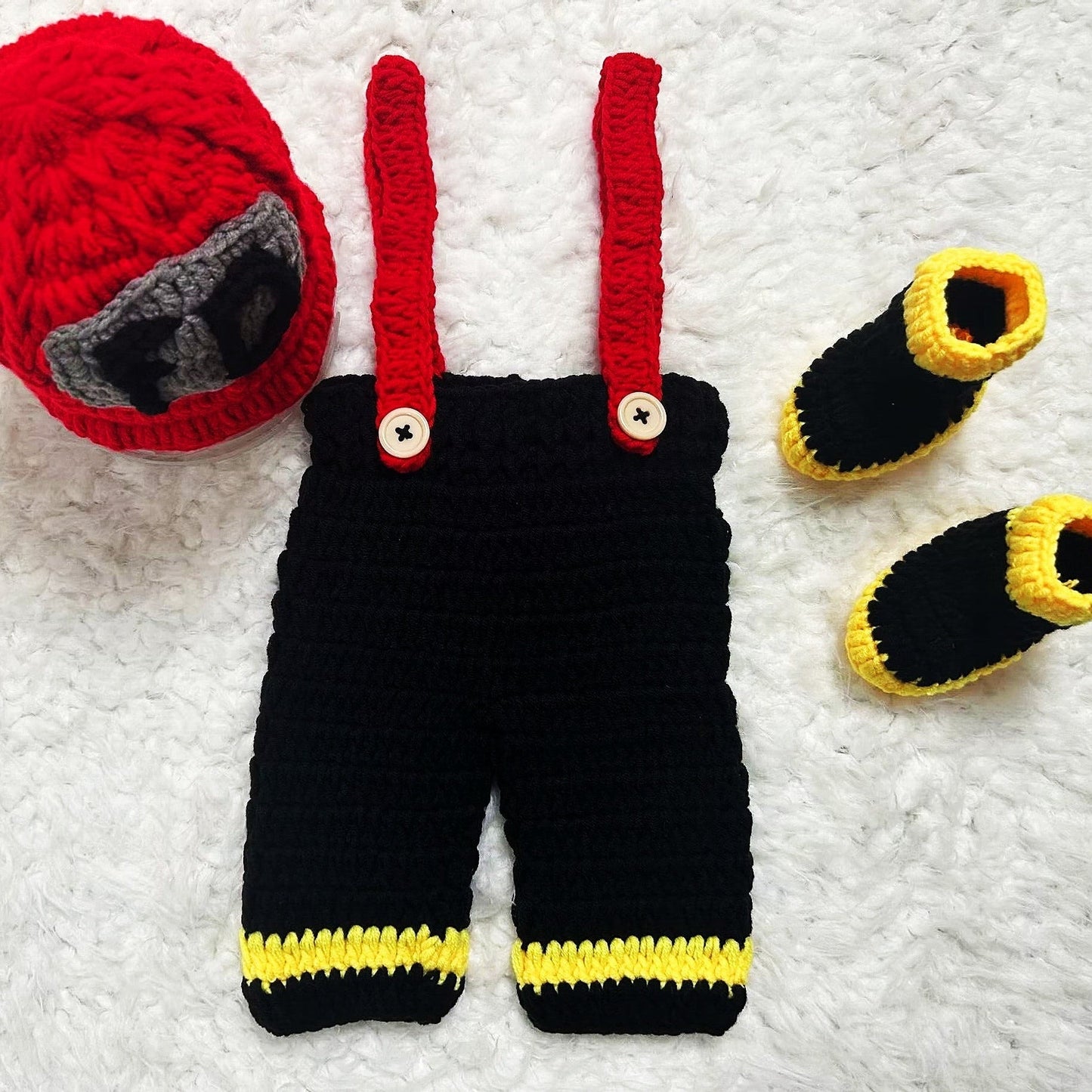 Set of 3 FD Firefighter Newborn Baby Photography Props, including crochet yarn hat, overalls, and boots.