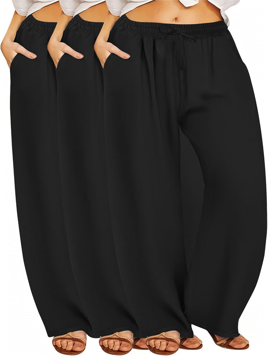 3-Pack of plus size high waist wide leg pants with drawstring and pockets. Made with high stretch knit fabric (88% polyester, 12% elastane) in a solid color, long length suitable for all