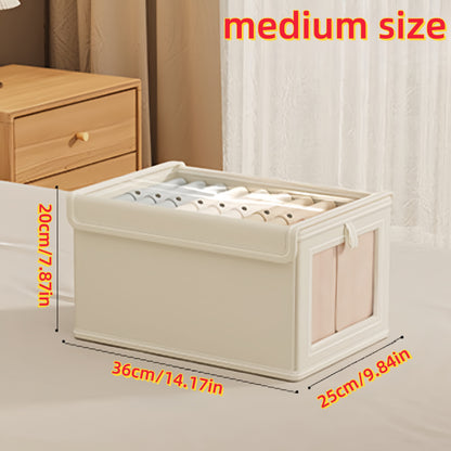 Rectangle fabric storage box with clear window, flip top closure and foldable lid for home organization.