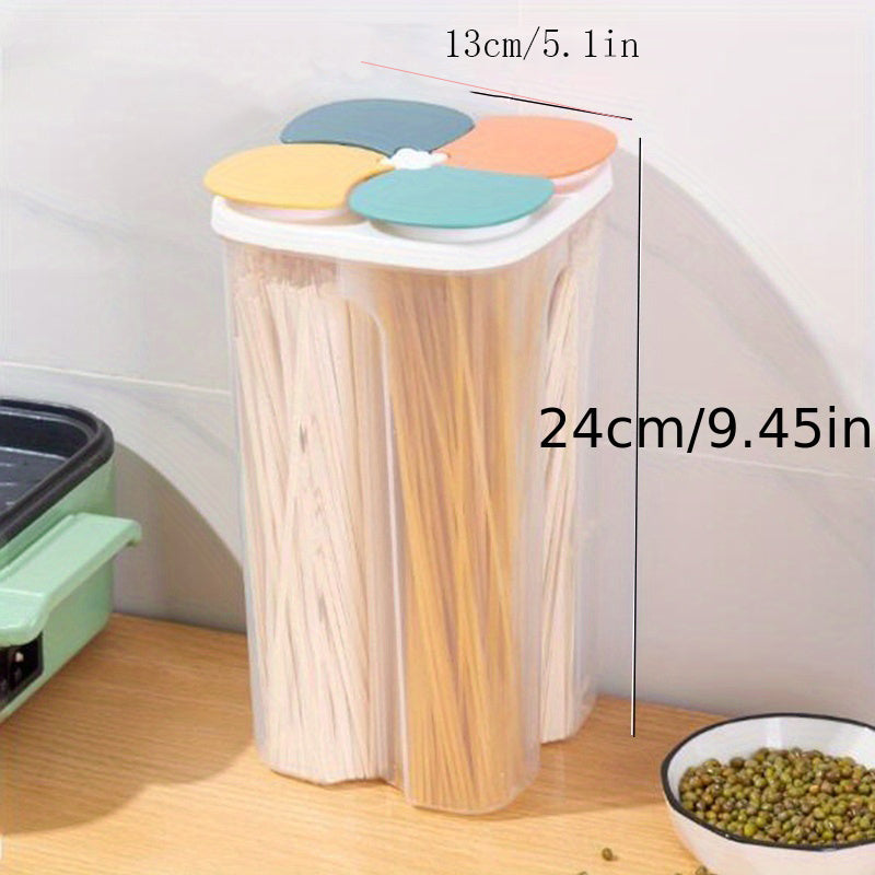 Food Storage Containers With Lids, set of 4 Contains 1 Piece. The clear airtight square containers are perfect for storing various foods such as cereal, rice, pasta, spices, tea, nuts, and beans. These moisture-proof transparent containers are sealed to