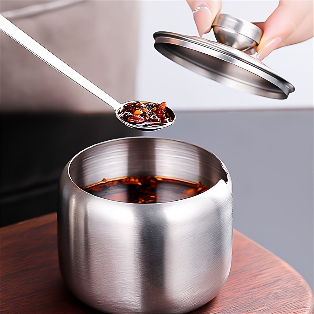 Stainless steel seasoning jar with spoon, scratch resistant, for salt and pepper storage organization in the kitchen