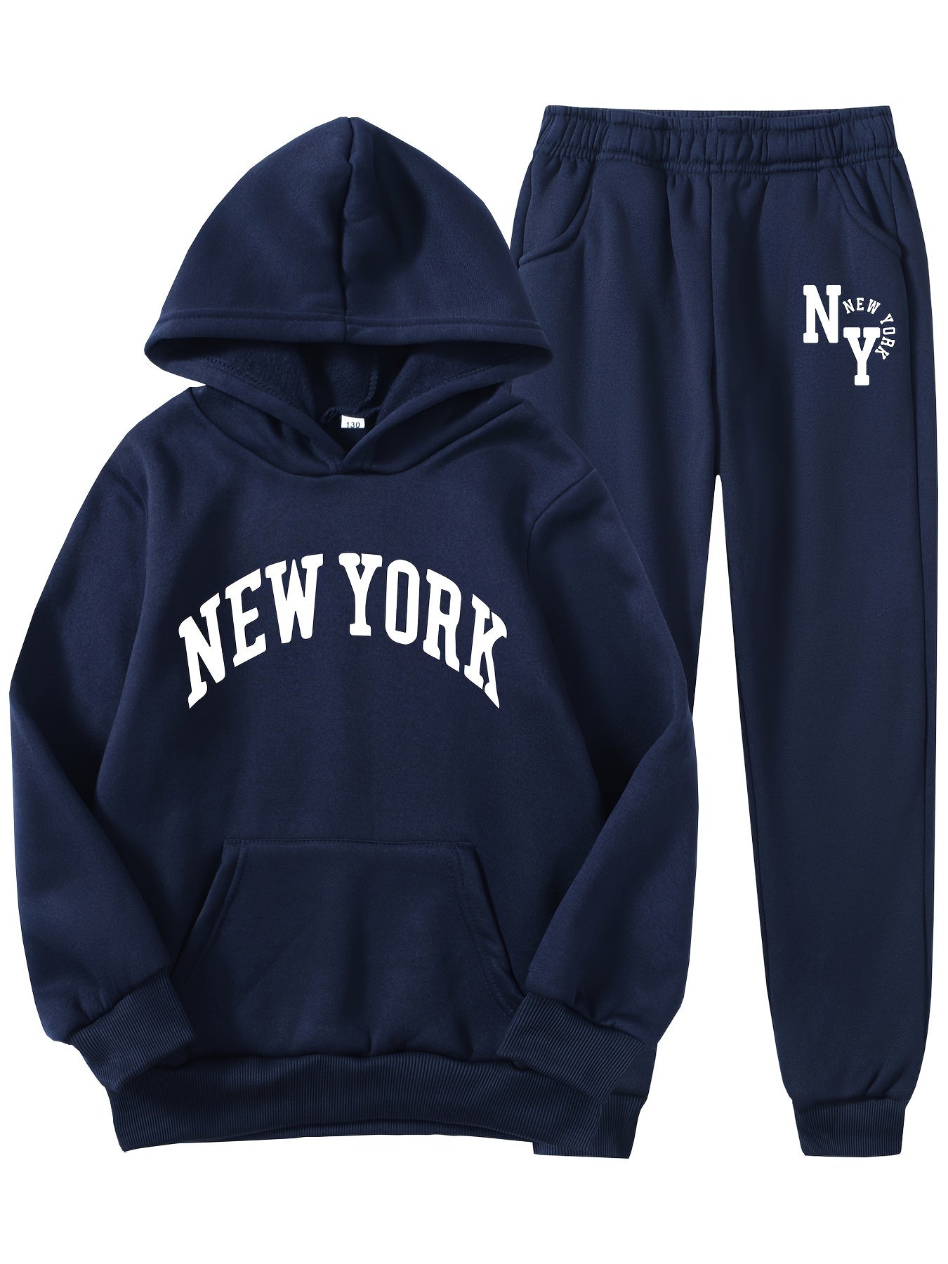 New York letter print hoodie and sweatpants set for kids. Made of casual polyester knit fabric with pockets. Slight stretch and regular fit for boys, girls, teens, and children. Ideal for