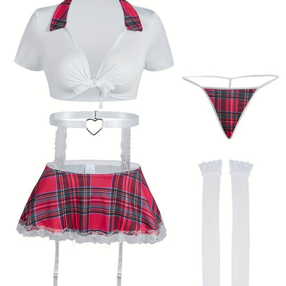 Sexy preppy cosplay costume set includes crop top, skirt, thong, garter belt, and stockings