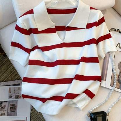 New European and American knit top with color-blocking stripes and turnover collar for spring/summer fashion