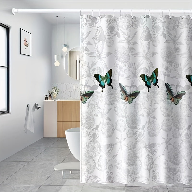 Elegant gray floral & butterfly shower curtain made of thick polyester with hooks included. Machine washable with quick-dry and opaque qualities. Easy no-drill installation for all seasons, perfect for home & hotel bathrooms.