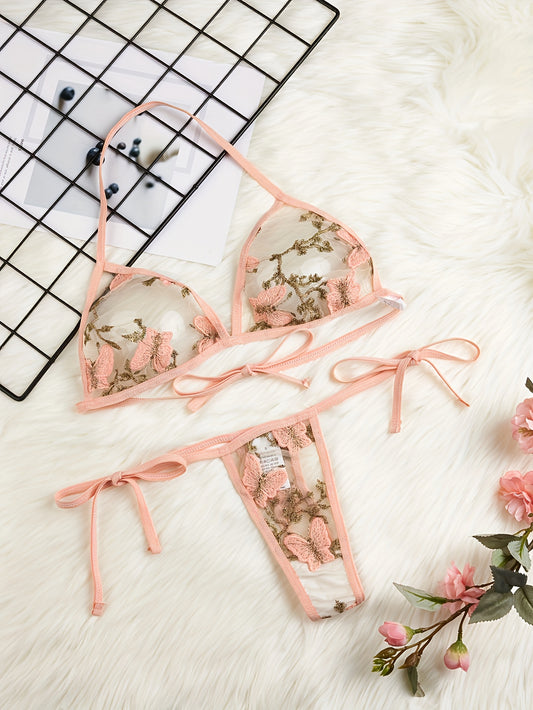 Butterfly embroidery lingerie set for women with transparent straps