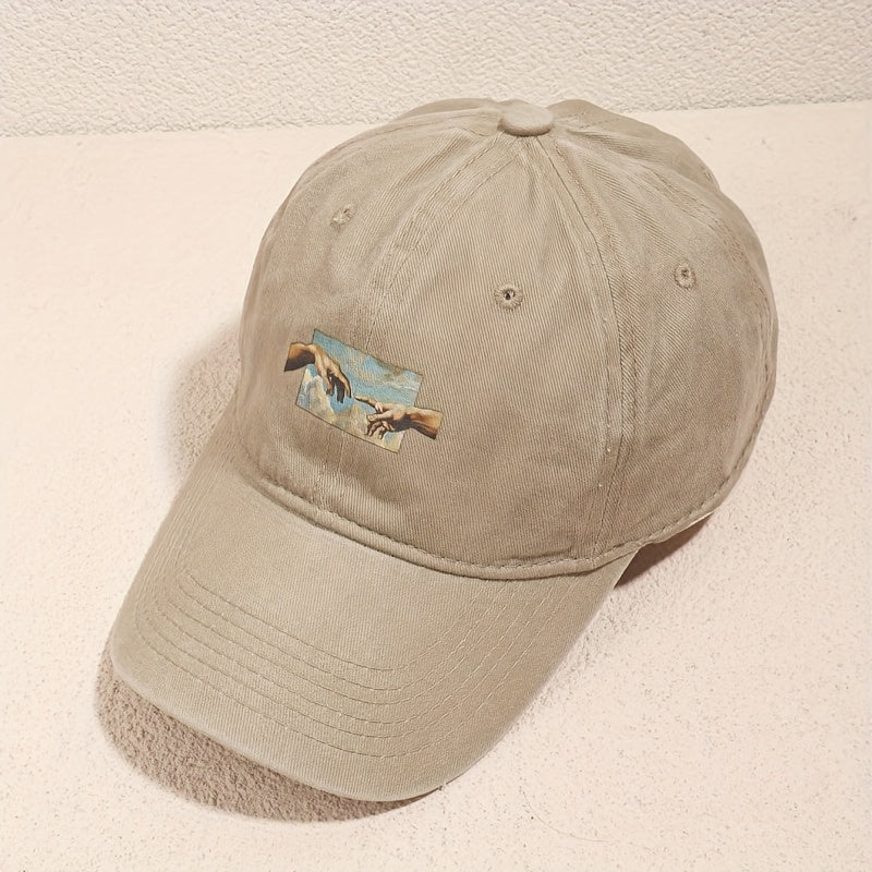 Vintage oil painting print baseball cap made of breathable polyester with casual embroidery. Features a flag theme, adjustable fit, and is hand washable.