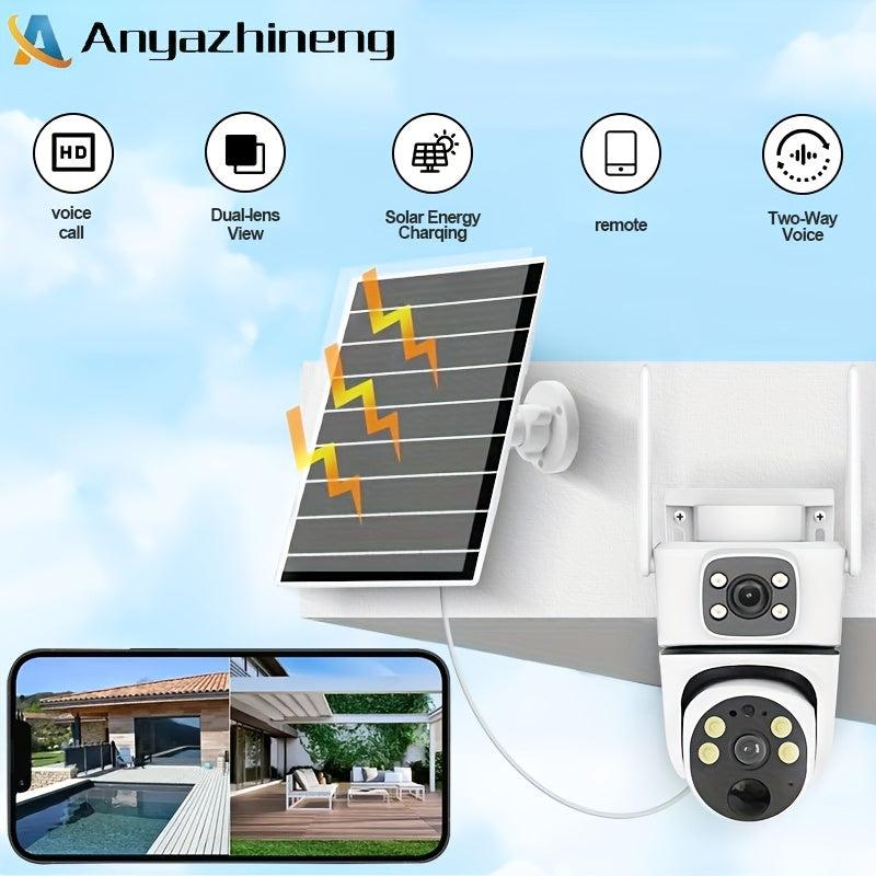 Solar-Powered Dual-Lens Surveillance Camera by ANYAZHINENG, featuring 1080p HD resolution and WiFi connectivity. This wall-mounted security cam includes two-way audio, motion detection, and night vision capabilities. Accessible remotely through an