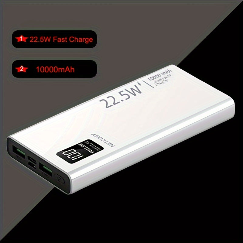 10000mAh power bank with 22.5W fast charging for iPhone, Xiaomi, and Samsung devices.