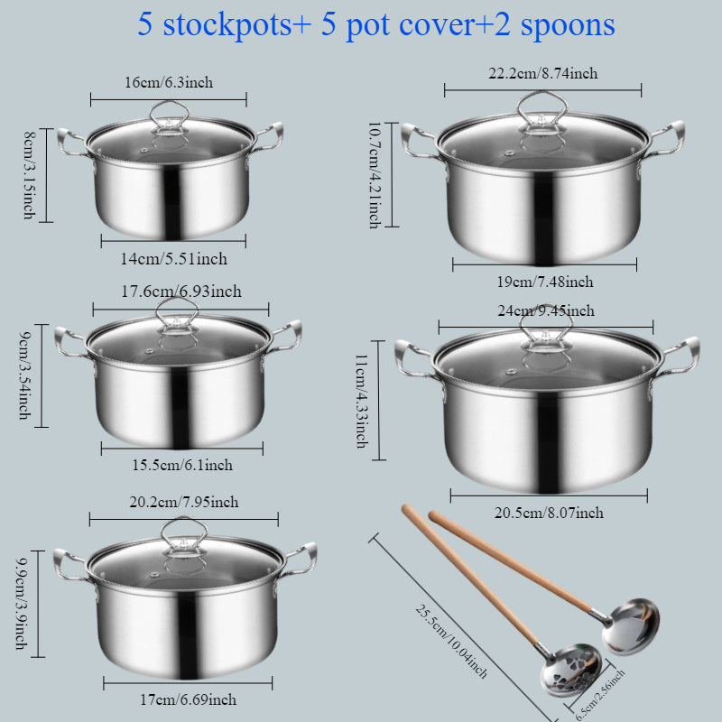 Set of 12 high-quality pots made of 400 stainless steel, suitable for use on induction cookers and gas stoves. This practical and durable pot set is perfect for any household and provides versatile cooking options.