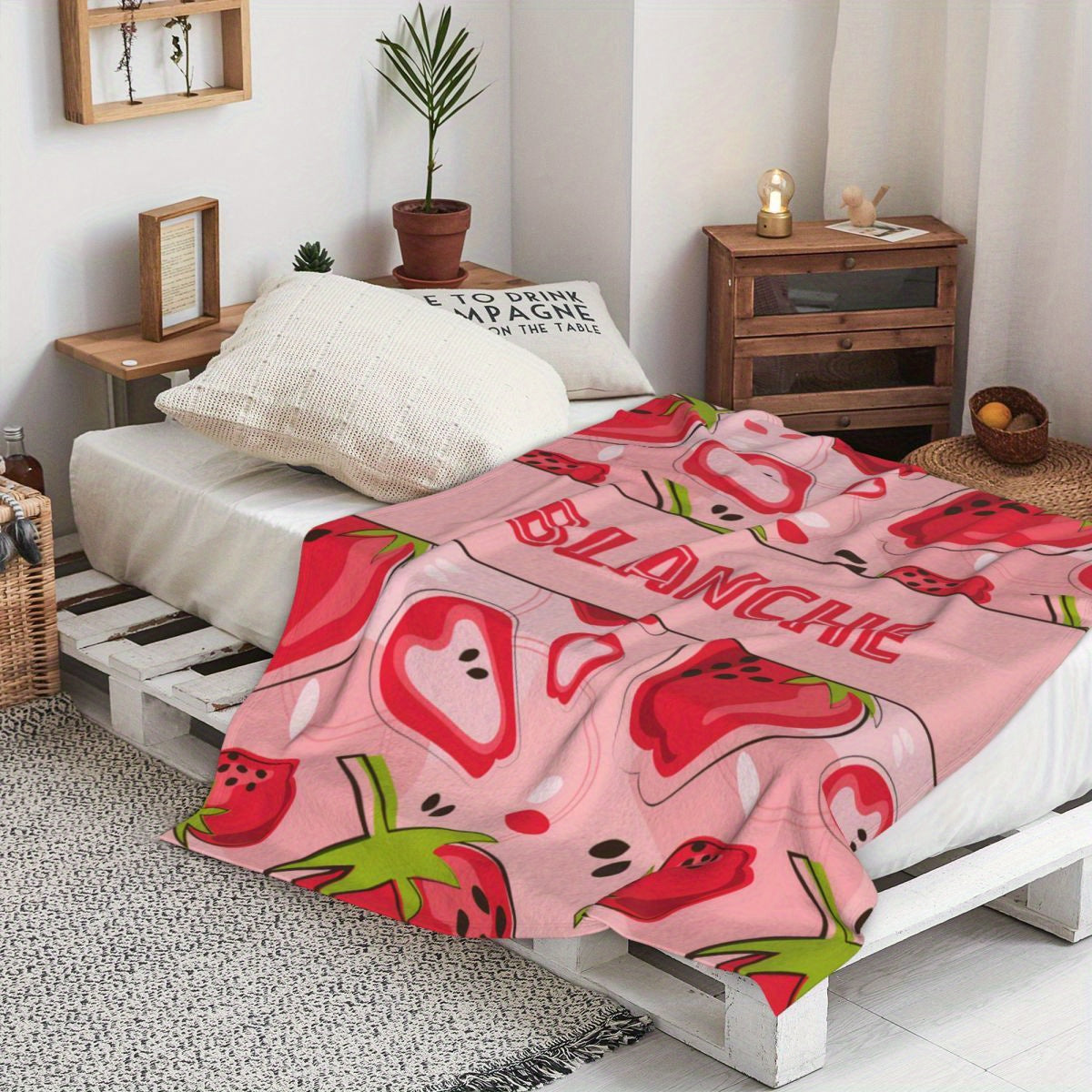 Personalized Strawberry Blanket for Girls and Women - Customizable Gift Perfect for Mom, Adults, and Travel - Soft and Lightweight Throw with Cute Strawberry Theme - Ideal for Valentine's, Birthday, or Christmas - Made of Polyester, Rectangular Shape