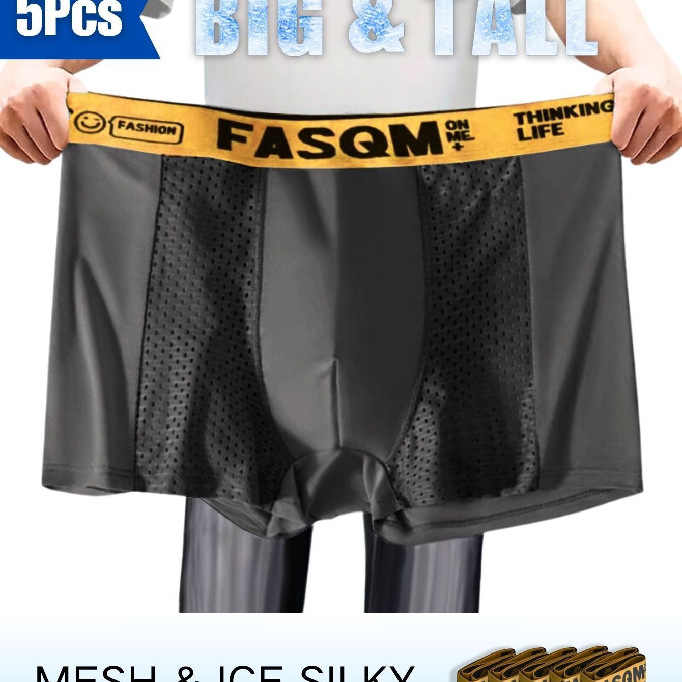 5-pack of breathable mesh boxer briefs in plus sizes, made from stretchy polyester and spandex, featuring solid colors with contrast mesh detail, knit fabric, 125gsm weight, available in