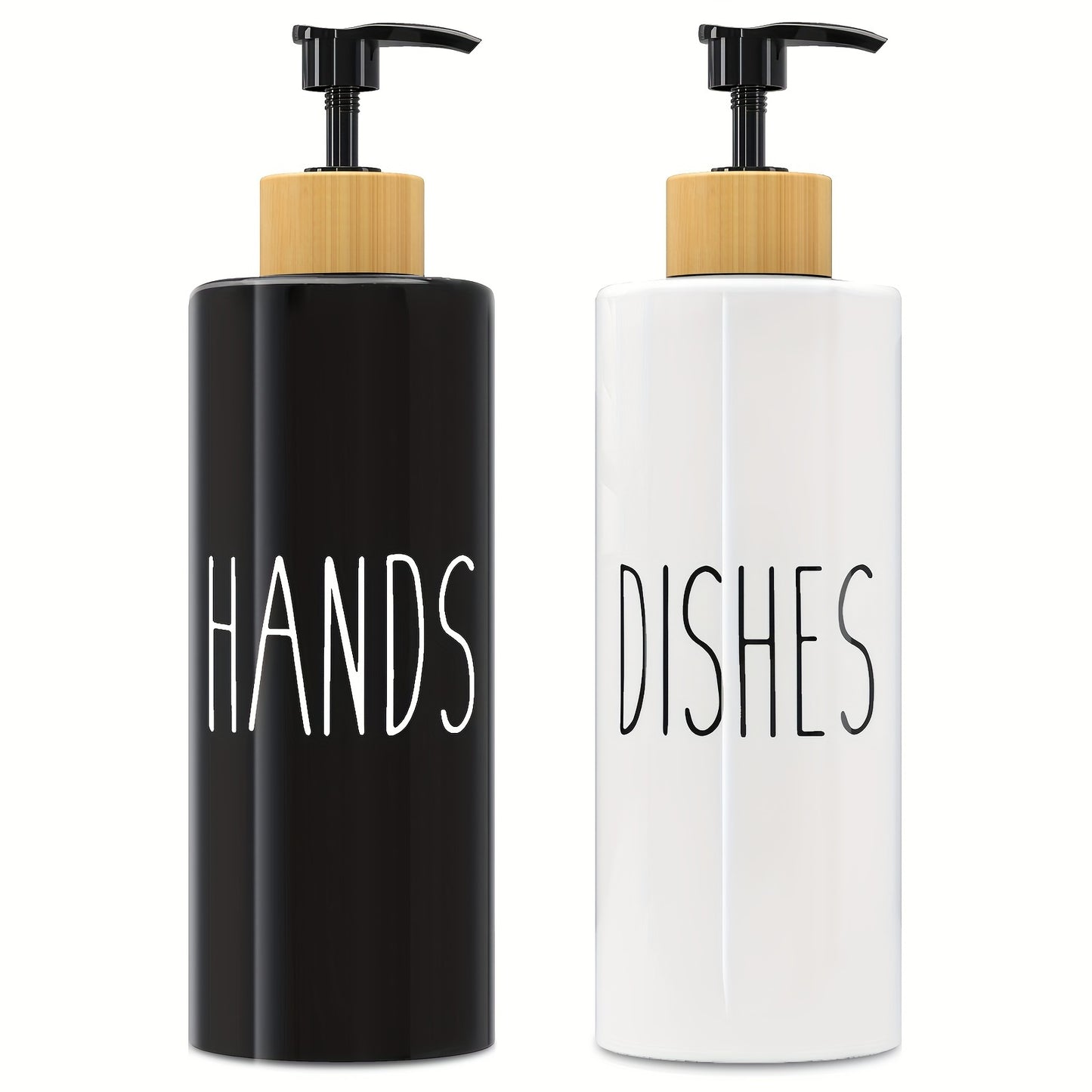 Set of 2 refillable soap dispensers with 16.91oz PET plastic bottles and wooden tray for kitchen use.