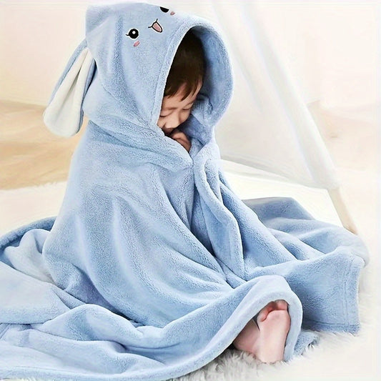 Soft and cozy blue rabbit hooded bath towel for kids, made with an absorbent polyester blend that is easy to machine wash. Ideal for both boys and girls, this versatile towel can be used in the bathtub, as a stroller blanket, or as a cute addition to