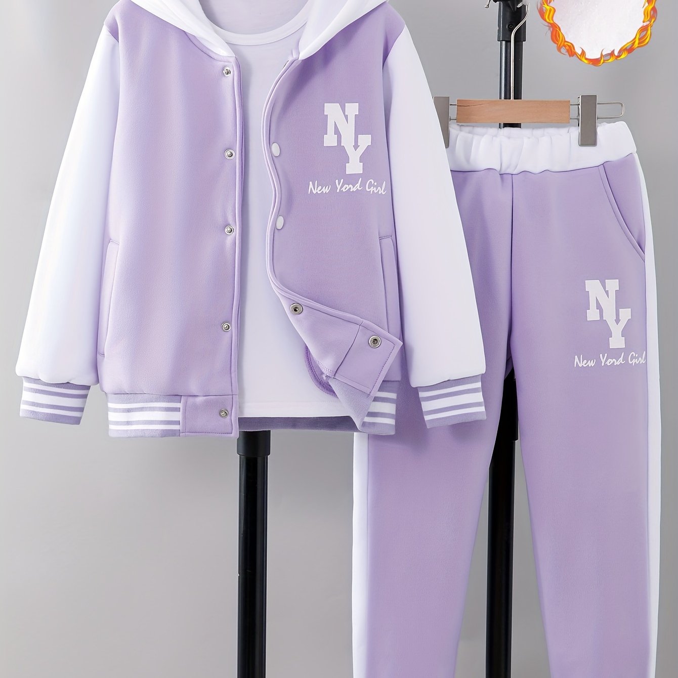 NY Letter Print Girl's Prep Outfit: Color Block Varsity Jacket + Sweatpants Set for Stylish Fall/Winter Wear