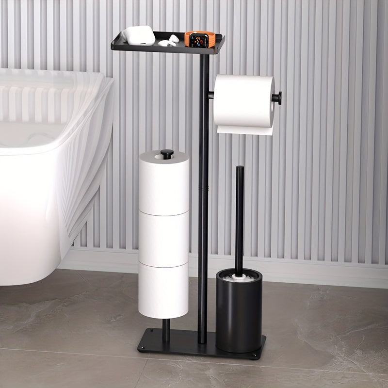 Freestanding toilet paper holder with storage rack and brush, efficient space-saving organizer