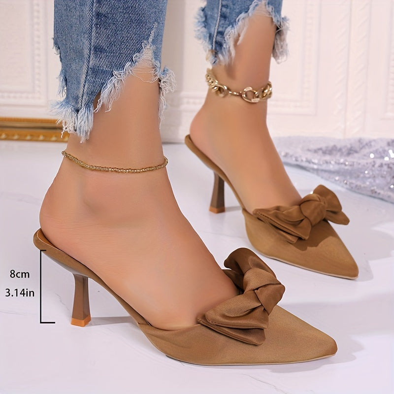 Women's bowknot design stiletto heel shoes with elegant slip-on style and pointed toe for summer dresses.