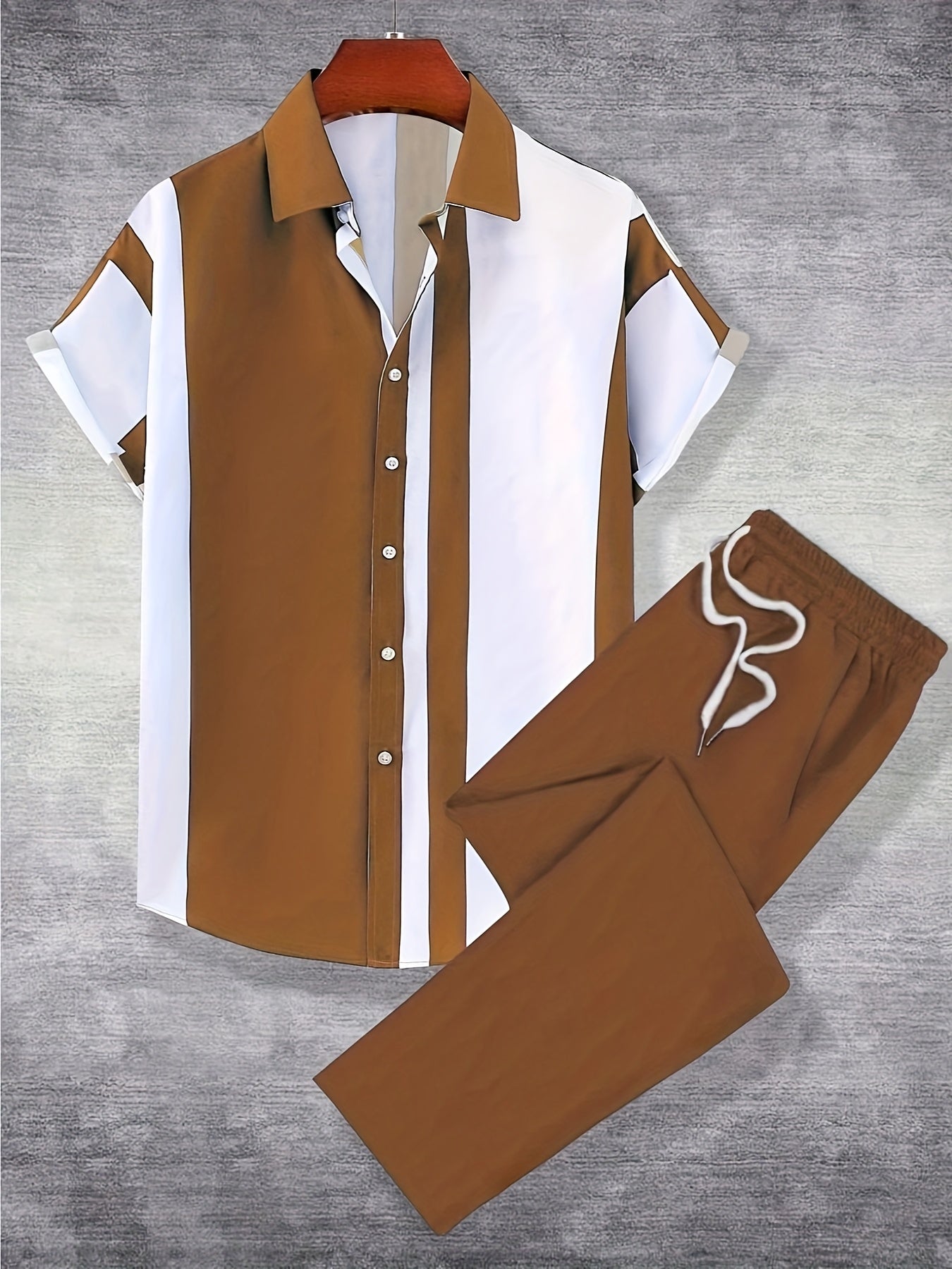 Men's casual collar short sleeve shirt and straight pants suit made of polyester.