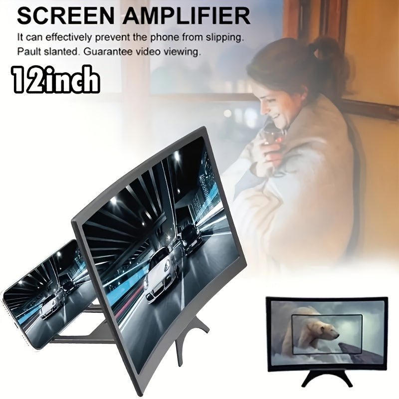 Portable 14-inch 3D curved screen magnifier with foldable stand for movies, videos, and games, no power required.