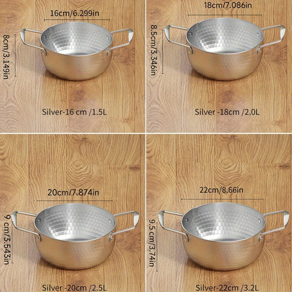 A stainless steel soup pot with two handles for home use, perfect for cooking instant noodles and boiling milk on a gas stove, in a shiny silver color.