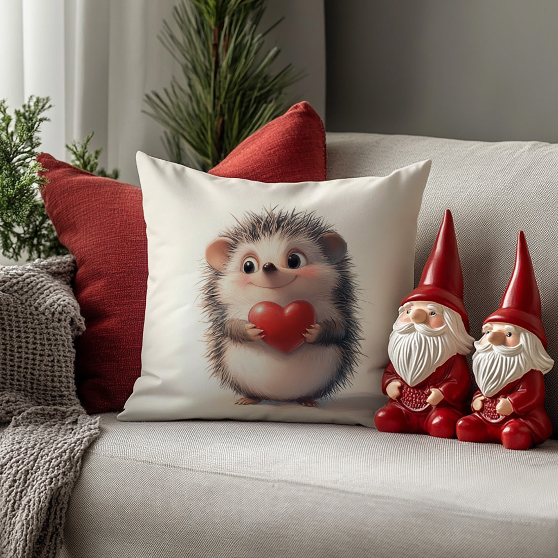 Hedgehog & heart print throw pillow cover, 44.96x44.96cm - Ideal for living room or bedroom decor. Made of machine washable polyester with zip closure. Insert not included.