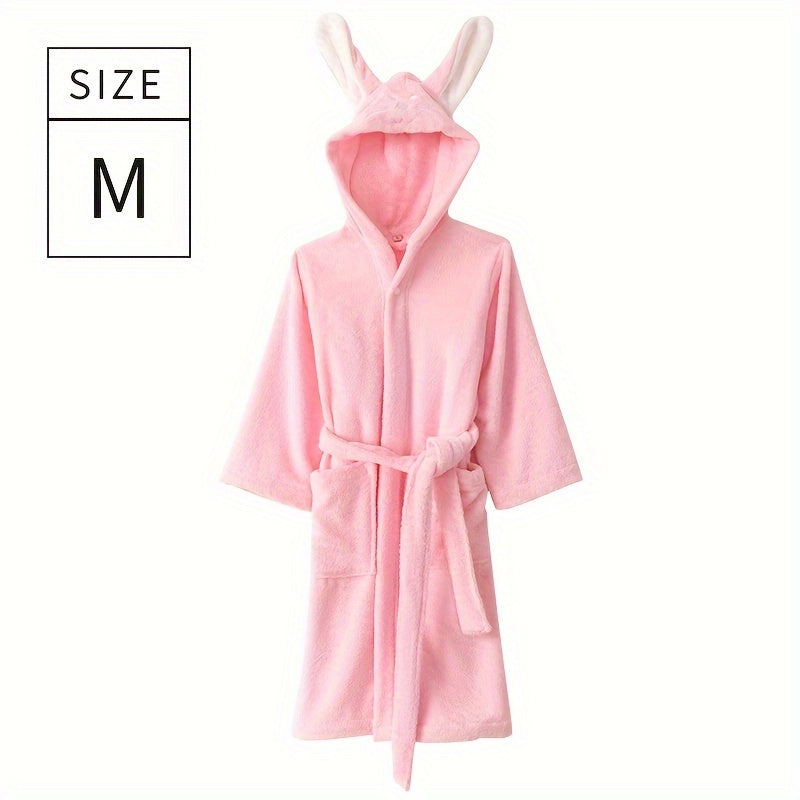 Children's bathrobe with cute rabbit face design, made of quick-drying absorbent cotton. Perfect for home or bathroom use.