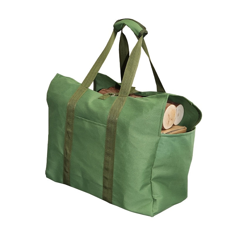 Durable Canvas Firewood Carrier Bag in Military Green, Ideal for Outdoor Camping and Fireplace Use, Features Reinforced Handles for Easy Storage and Transport of Firewood