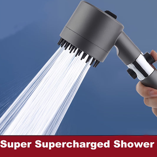 Pressurized handheld shower head with adjustable water output and massage feature. Great for the bathroom.