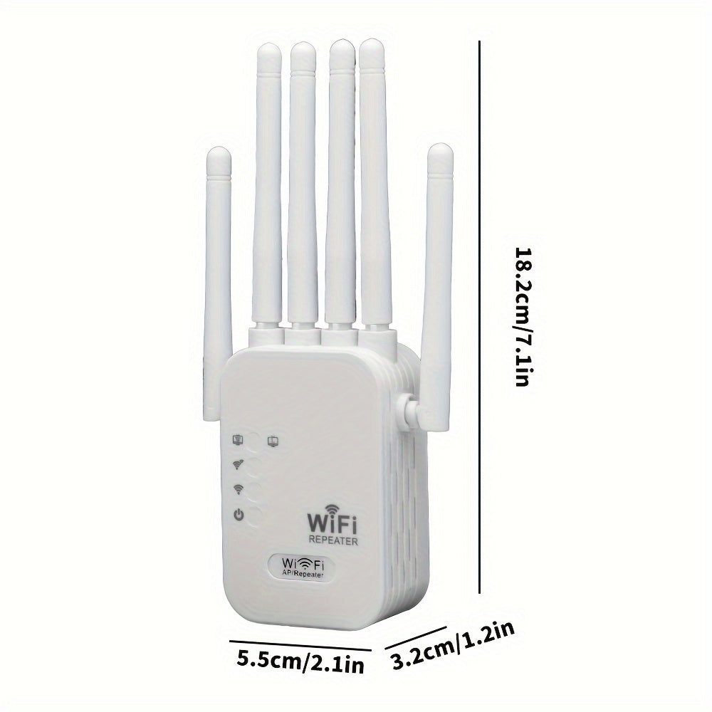 1 Momotor WiFi Extender boosts 2.4GHz signal with Ethernet port, power supply, European plug, non-waterproof design, and AP/Repeater modes for various settings.