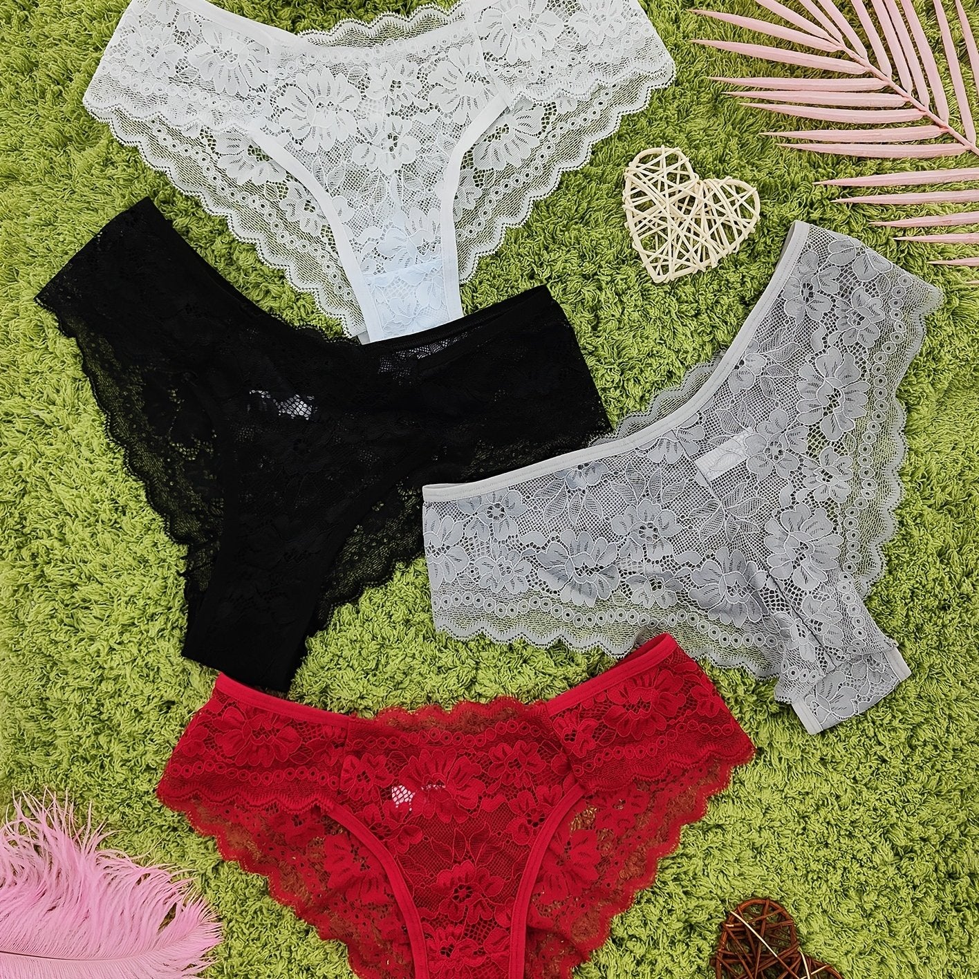 Four pieces of sheer jacquard lace bikini panties for women, featuring mid-stretch low waist design  lingerie and underwear.