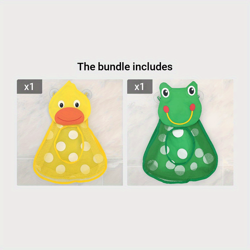 Large capacity mesh storage bag featuring cartoon animal designs, including a duck, frog, tiger, and panda. Comes in a 1-piece set with suction cups for hanging. Can be used for storing toys or other items. Measures 39.98 * 31.98 cm.