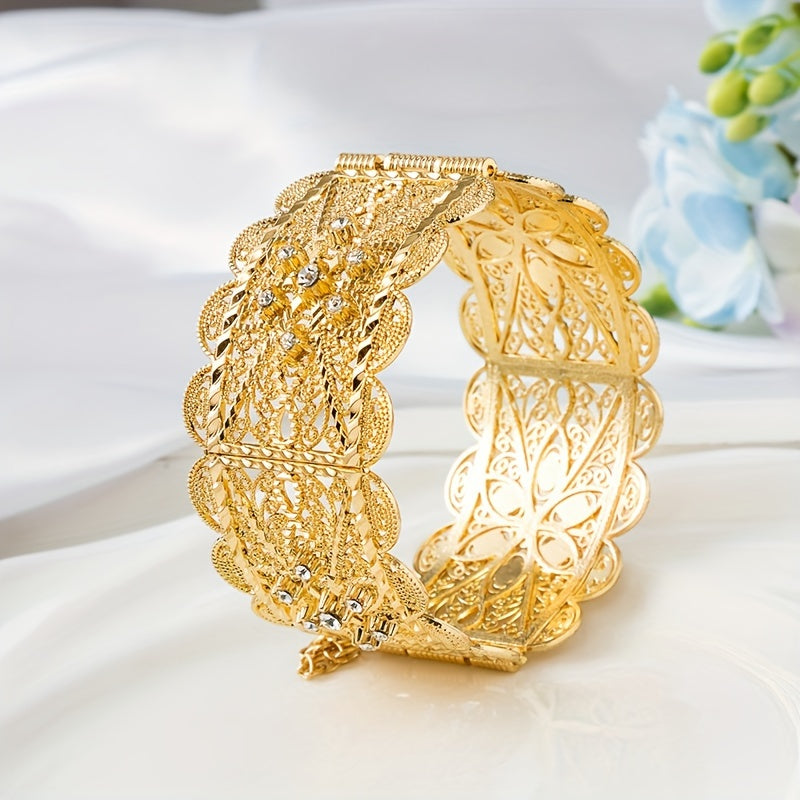 Exquisite Vintage-Inspired Bridal Bangle in Gold Plating with Intricate Hollow Carved Design and Sparkling Cubic Zirconia Details - Ideal for Weddings and Formal Events