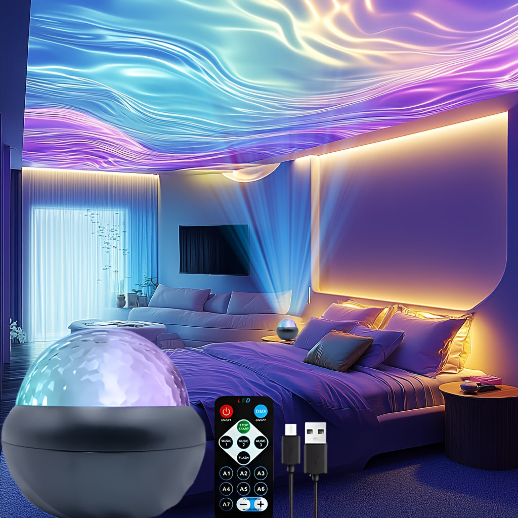 Dreamy 7-Color LED Night Light with Water Ripple Effect - USB Powered, Remote Controlled, Ideal for Creating a Cozy Atmosphere in Any Room. Ideal for Bedroom Ambiance & Special Occasions.