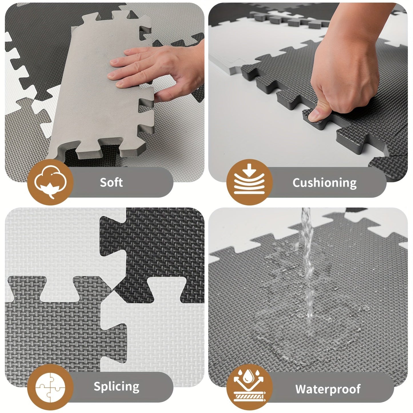 Soft and waterproof PE foam playmat designed for babies and kids. Includes 12/16 interlocking floor tiles with carry edges for indoor and outdoor play areas. Non-toxic crawling mat with a cushioned and spliceable design. Each tile measures 31.5cm and