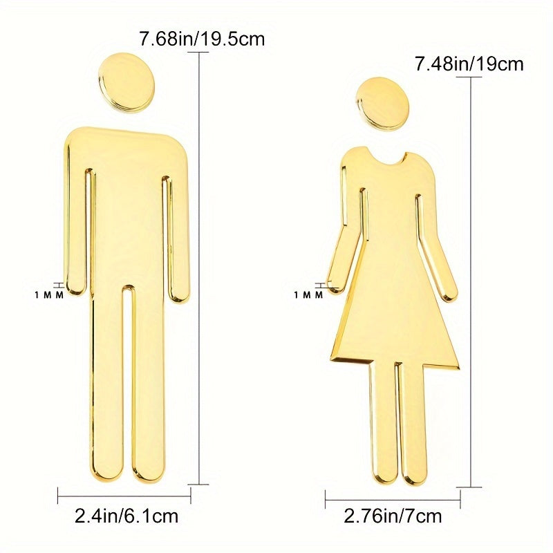 7.9-inch self-adhesive toilet door decal pair featuring painted male and female bathroom signs in Silvery Golden tone, suitable for office business and holiday decoration.