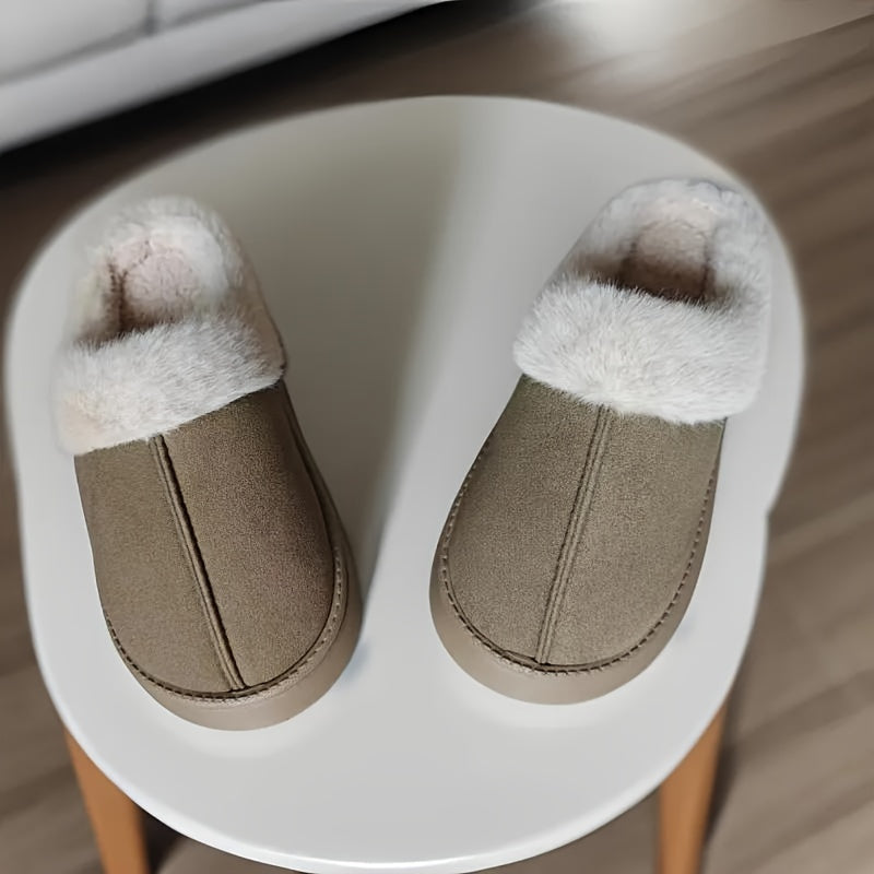 Women's cozy slippers with thick sole for winter warmth, non-slip, hand washable fabric, and EVA sole for home comfort.