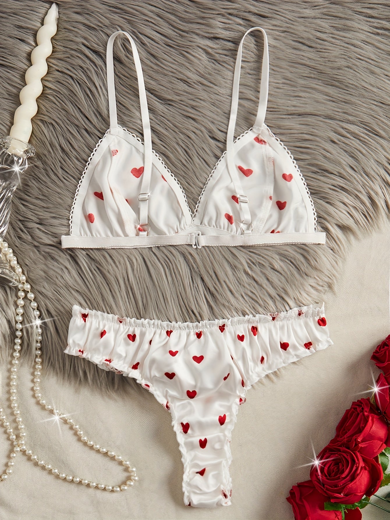 Heart print lingerie set with bow-knot detailing, ideal for everyday wear.