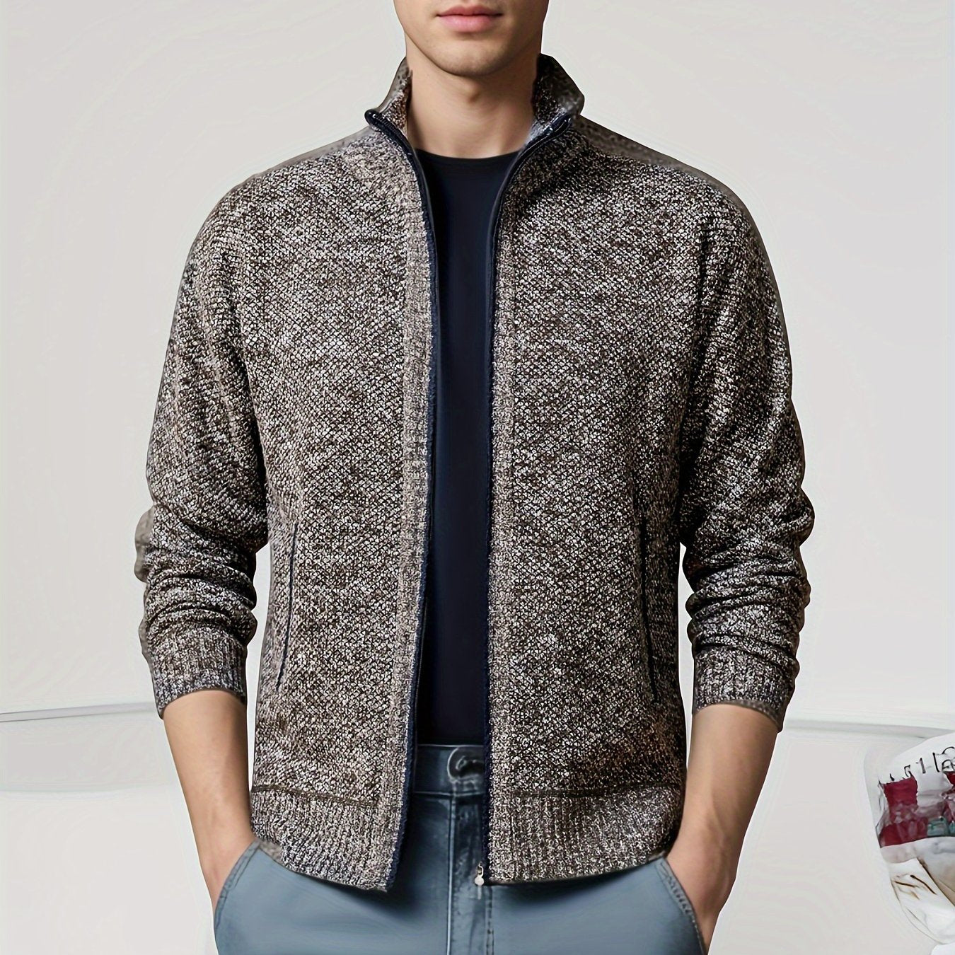 Men's Solid Fleece Cardigan with Pockets, Turtle Neck Zip Up Sweater for Outdoor Activities in Winter and Fall.