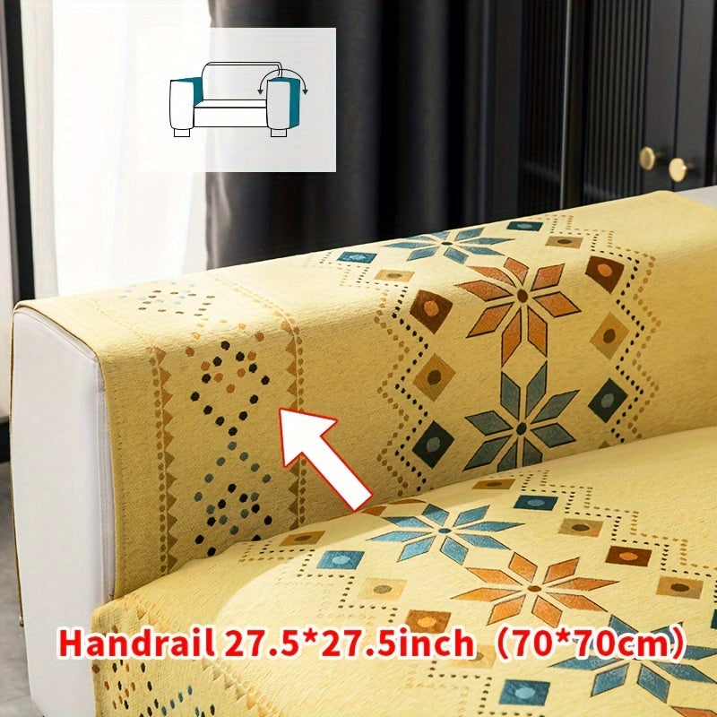 Bohemian four seasons chenille sofa cover with geometric embroidered pattern, offers sofa protection and non-slip feature for home decoration in bedroom, office, and living room.