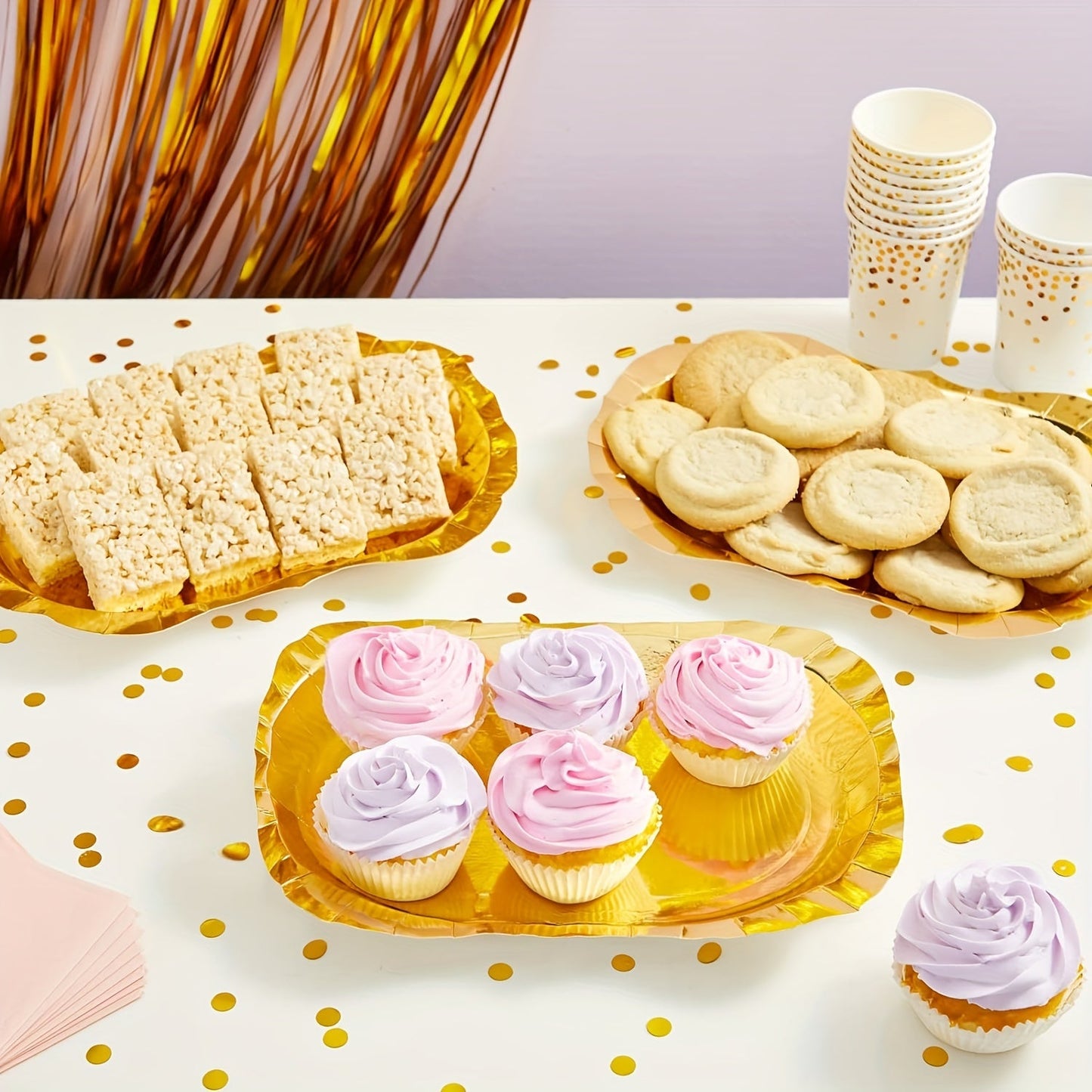 10 elegant golden rectangle cake boards with scalloped edges, designed for heavy duty use. These disposable paper serving trays are greaseproof and perfect for serving desserts and cupcakes. Ideal for birthday parties, weddings, and holiday celebrations.