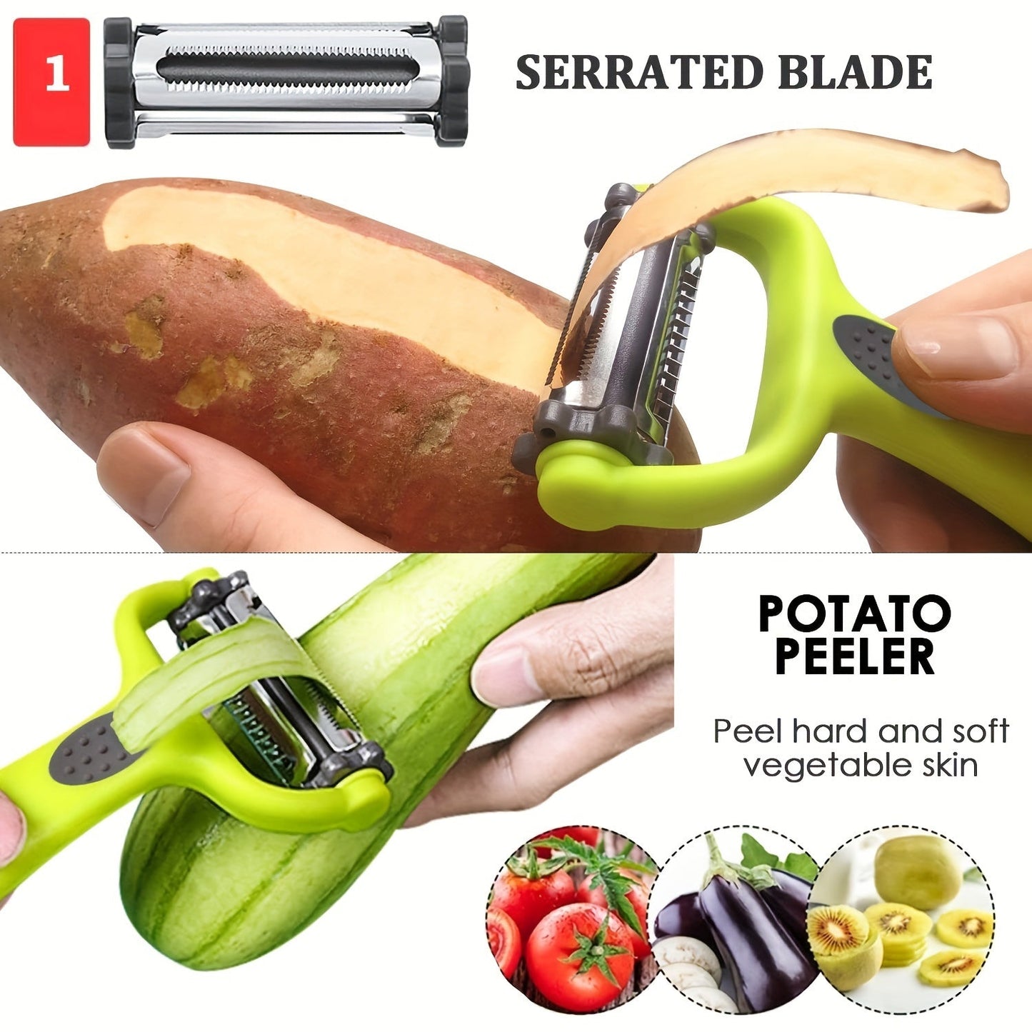 Multi-functional kitchen tool: includes a fruit and vegetable peeler, paring knife, and shredder in one convenient gadget - made from sturdy plastic material.