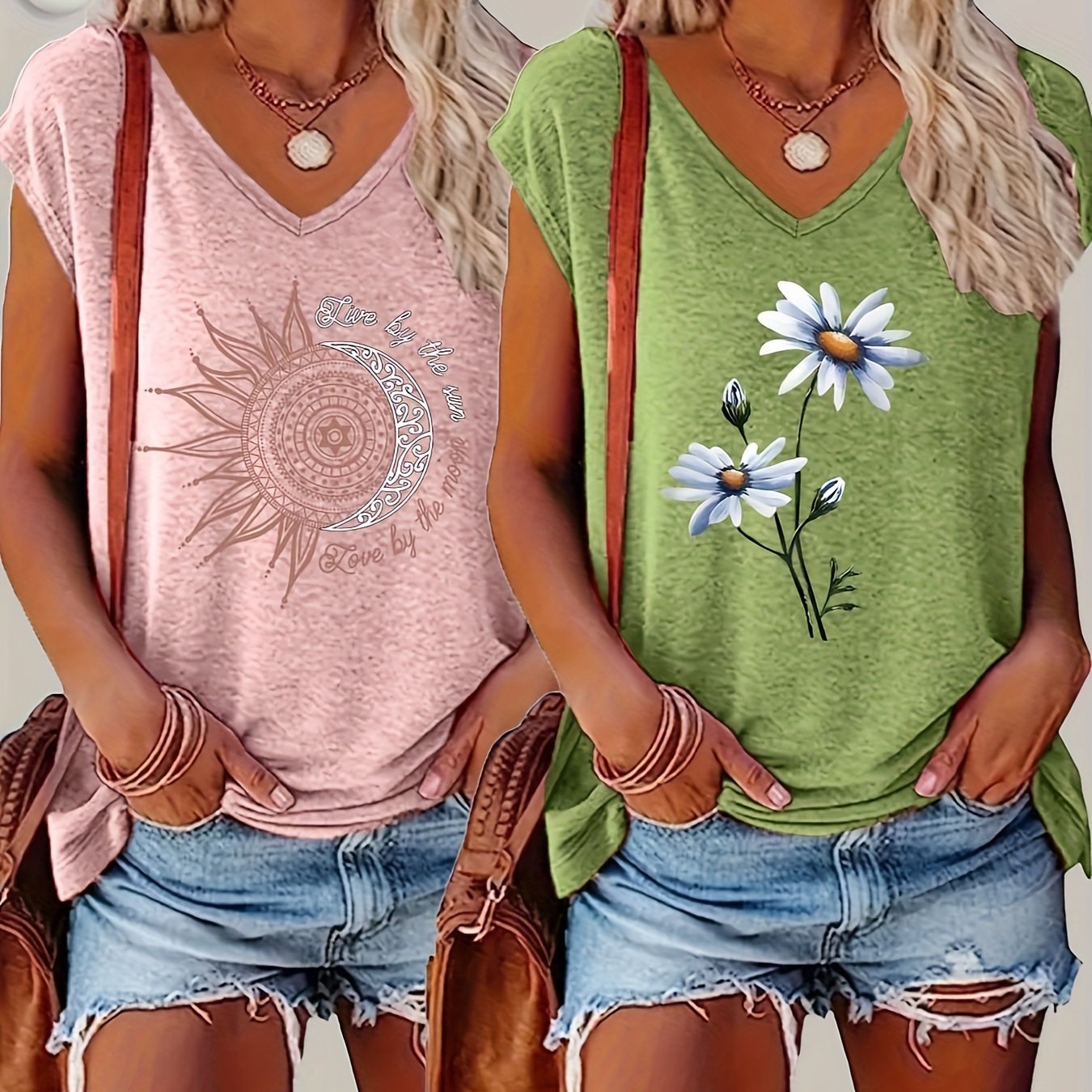 2 Women's V-Neck T-Shirts in Pink & Green - Short Sleeve, Breathable Rayon Blend with Floral & Geometric Patterns, Ideal for Spring/Summer Casual Wear|Relaxed Fit Tee