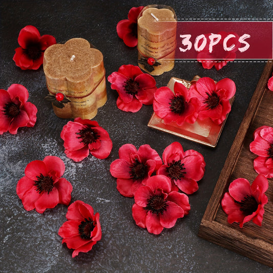 30 stemless artificial poppy flowers for Veterans Day, weddings, home decoration, parties, and crafts.